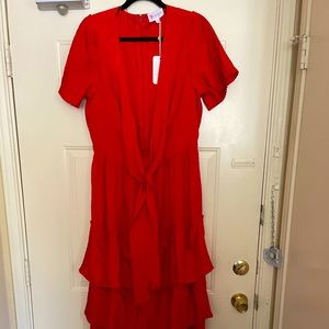 L’atiste red dress plunging neckline with 3 layers of ruffles
